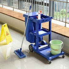 Cleaning Cart, Housekeeping Trolley On Wheels w/ 3 Tier Shelves, Blue