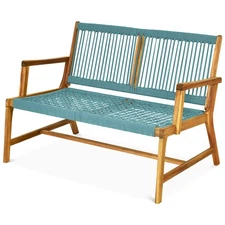 2-Person Patio Acacia Wood Bench Loveseat Chair Porch Garden Furniture Turquoise