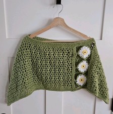 Handmade Crochet Poncho Girls Youth One Size Green Floral Spring Easter Daisy