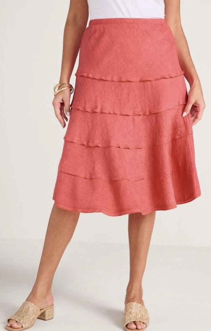 New Soft Surrounding Linen Tiered Summer Midi Skirt 1X Coral