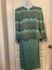 Adrianna Papell Vintage Silk Skirt Suit Size 14 Teal Green -J3