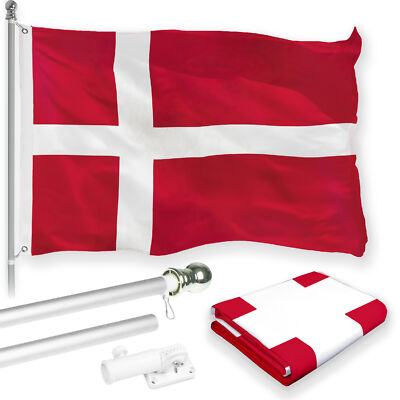 Flag Pole 6FT Silver & Denmark Danish Flag 3x5FT Combo Printed 150D Polyester