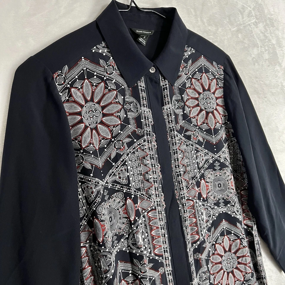 Club Monaco Boho 100% Silk Button Down Shirt Dress Size 2 Floral Tribal Preppy - Image 4 of 4