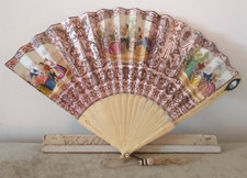 ANTIQUE Hand Folding Fan with Mirror Victorian Bone Monture 19th Century 1800's