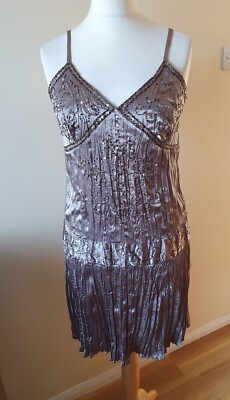 New Look Beige Satin Crinkle Party Dress Size 14 Beaded Sequin