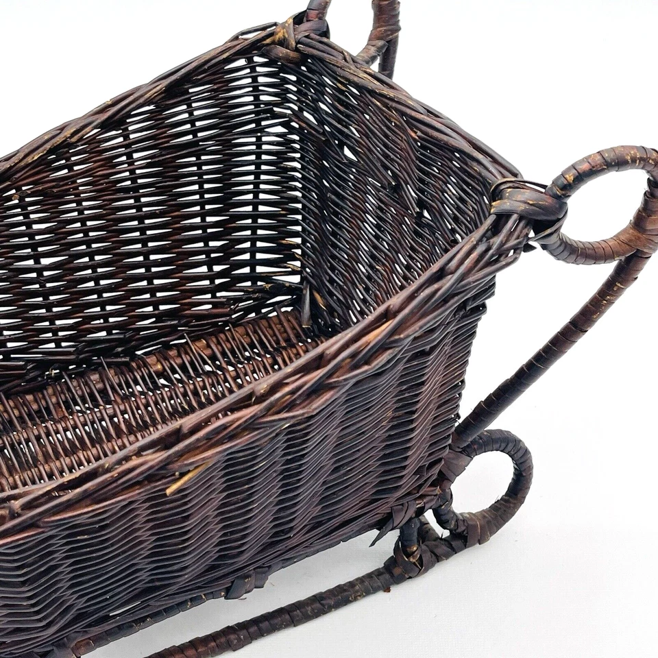 Vtg Wicker Sleigh Home Decor Christmas Winter Decoration Gift Basket Dark Brown - Image 4 of 4