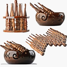 Wooden Ergonomic Crochet Hooks Set of 13 3.5mm to 12 mm Yarn Bowl Crochet Stands
