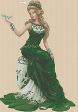 Elegant Lady in Green Full Dress Counted Cross Stitch Chart  #1-156y