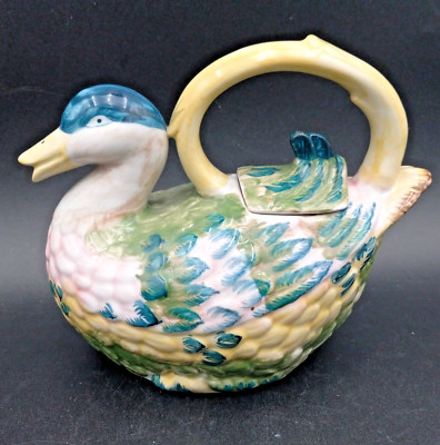 Vintage Handcrafted In Thailand Colorful Ceramic Duck Tea Pot Cozy Cottage-Core