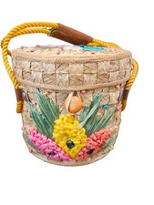 Vintage 70'S Handcrafted Basket/Bucket Purse With Raffia Embroidery Detail