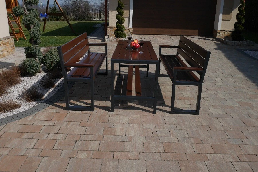 Set Modern 3 teilig Erlenholz, Bänke mit Rücken- und Armlehne Terrasse Balkon - Bild 4 von 4