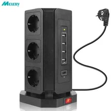 Tower Power Strip Vertical Surge Protection 9 EU Outlets Plug Socket with 4 USB