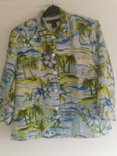 Vintage Silkland  Boats And Palms Lined Button Up Jacket Blazer 100% Silk Sz Lge