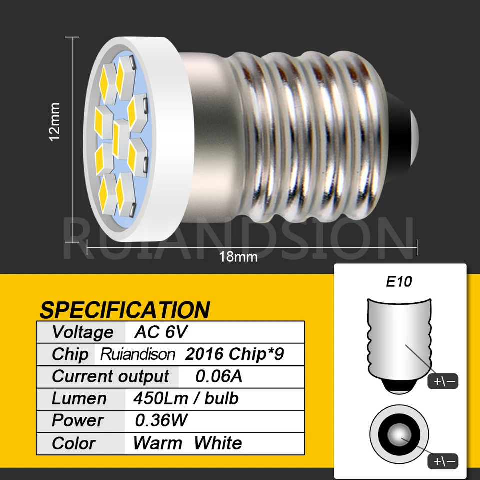 Ruiandsion E10 LED Schraubbasis Taschenlampe Birne AC 3V 4.5V 6V 12V 24V - Imagen 3 de 4