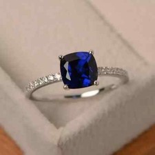 Cushion Cut Lab Created Sapphire Women's Engagement Ring 14k White Gold Plated