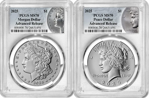 2025-P (MS70) Morgan & Peace Silver Dollar (2 Coin Set) Advanced Release AR PCGS