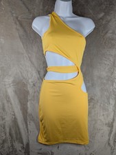 SHEIN Womens Yellow One Shoulder Cut Out Bodycon Mini Dress Size XS UK 6 Party