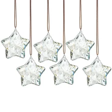 Set of 6 Crystal Glass Christmas Ornaments Clear Faceted Glass Christmas Star...