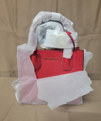 Michael Kors Bright Red Medium Messenger Bag Pebbled Logo Detachable Strap