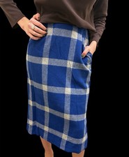 Vintage Wool Blue Plaid, Pencil Skirt, Grunge Preppy, A Line