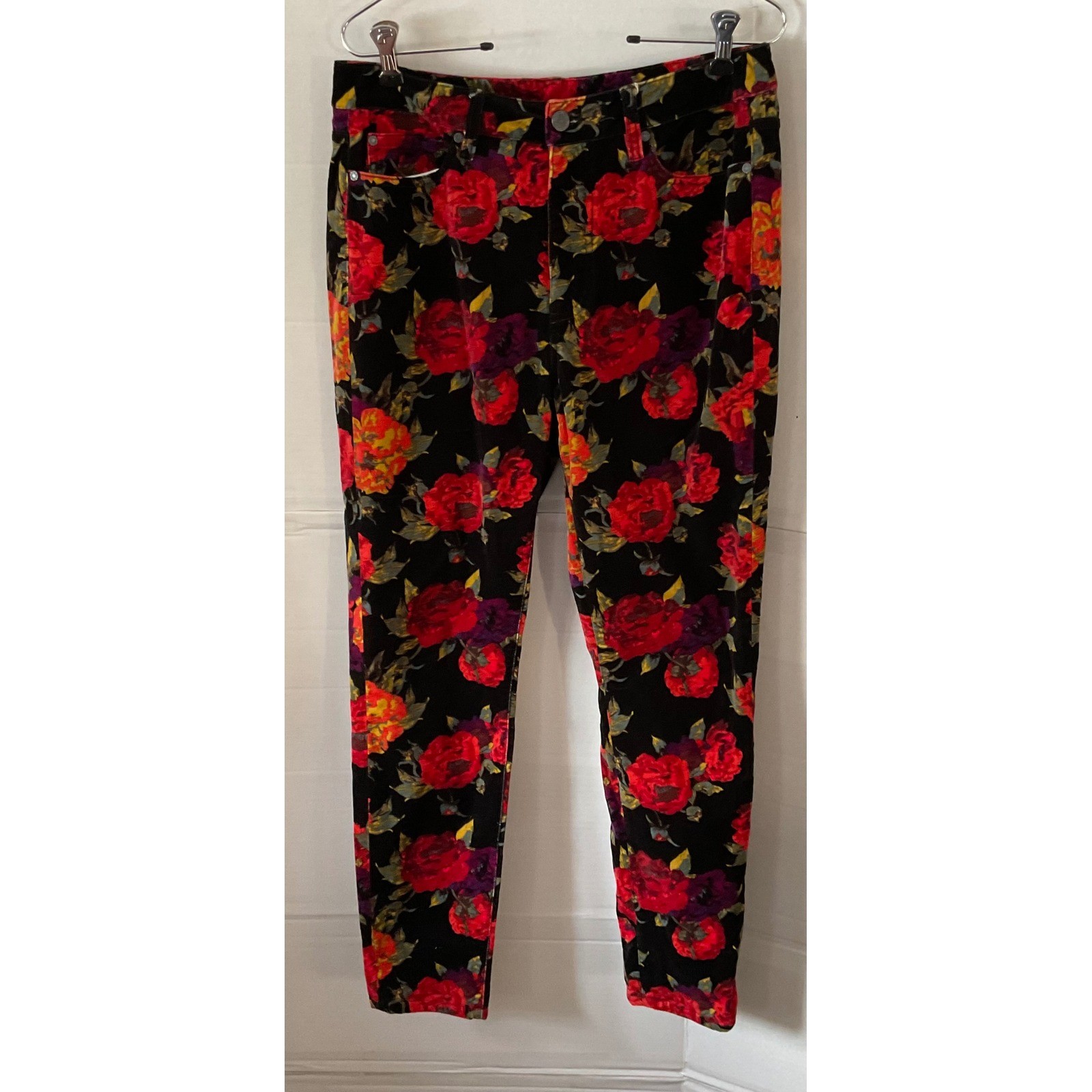 Soft Surroundings Black Floral Velvet Pants Women's Size 8 Red Rose Print