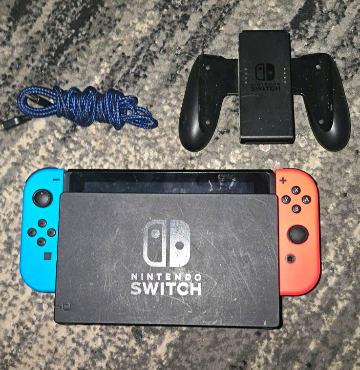 Nintendo Switch Console Black Neon Red/Blue Joy-Con Dock Grip USB + 32GB