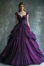 V Neck Ruched Purple Tulle Ball Gown Prom Dress Lace Formal Evening Party Gown