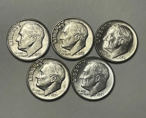 Lot Of 5 Roosevelt Silver Dimes 1954-D 3/1955-D 1957-D 10C Coins UNC