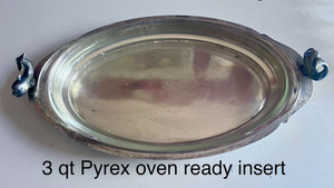 Vintage Dolphin Silver plate Serving Dish With Pyrex Insert 3 Qt