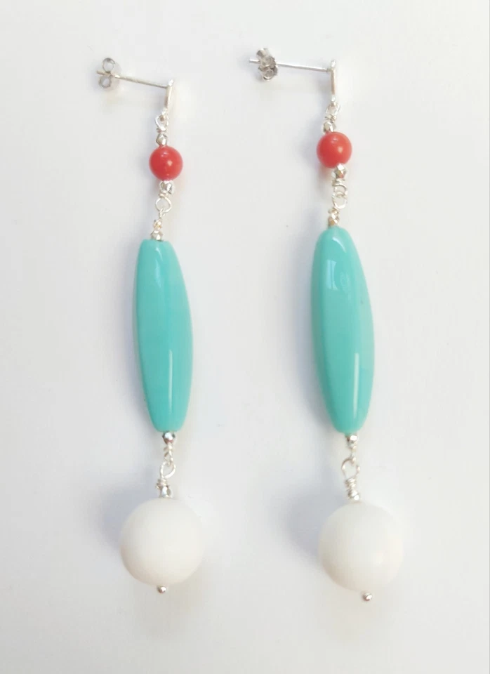 Orecchini pendenti in argento 925 con corallo bambu, pasta di turchese ematite - Immagine 2 di 4