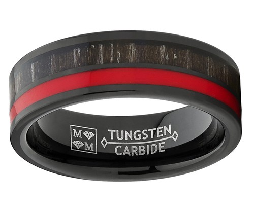Black Tungsten Wedding Band Ring Dark Zebra Wood with Red Line 7 mm - Bild 3 von 6