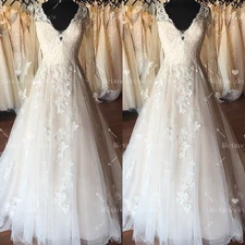 V Neck Wedding Dresses White Ivory Beach Boho Elegant Dreamy Tulle Bridal Gowns