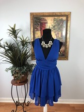 Shein Babydoll Dress Women's XS Blue Solid Two Layer Hem Cottagecore V Neck