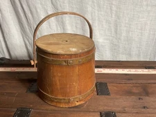 ANTIQUE Wooden Staved FIRKIN Sugar Bucket 6 1/4” tall with two spiles 