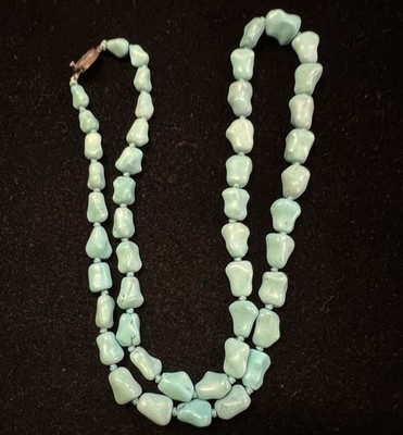 Old Chinese Export Knotted Turquoise necklace Silver Enameled clasp 24  Long 743
