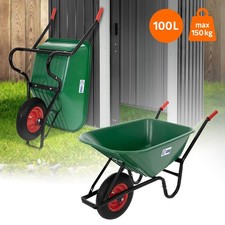 Brouette de chantier 100L benne PP vert pneus gonflables transport chariot 150kg