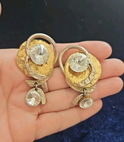 J Jansen Brutalist 24K Gold & Silv Plated Austrian Crystal Statemt Earrings #12 - Picture 6 of 6