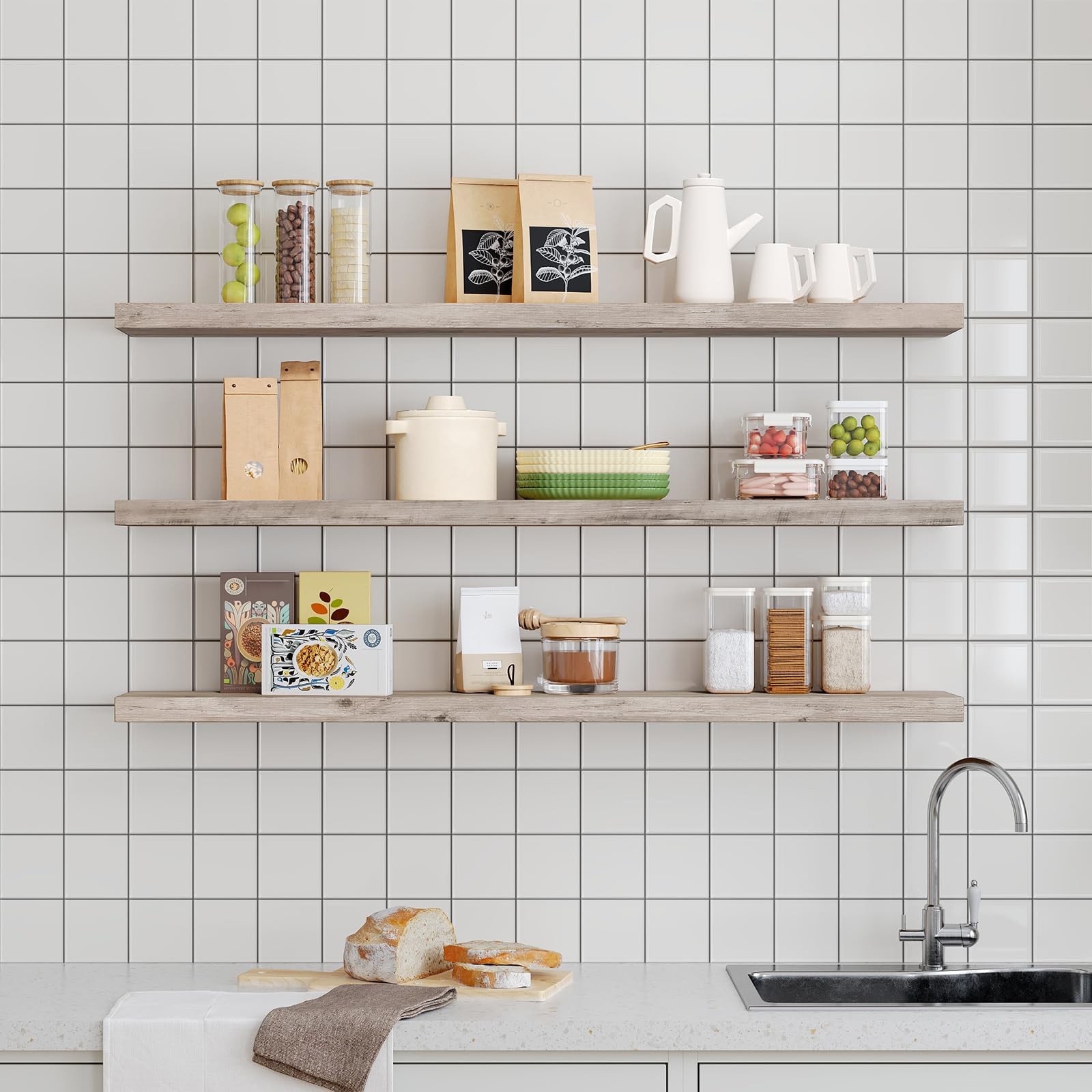 Floating Shelves for Wall, 1.5" Thick Wall Shelf Set of 3 with Invisible Brac...