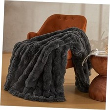 Faux Fur Throw Blanket, Cozy Plush Bubble Bed Throw 50" x 60" Dark Grey