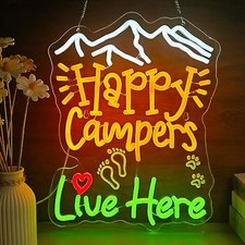 Happy Camper Neon Sign for Wall Decor Dimmable LED Light White + Green + Yellow