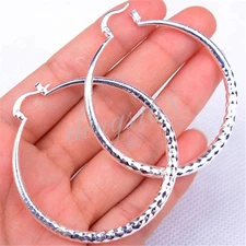 Women's Genuine 925 Sterling Silver Diamond-Cut 2 inch Medium Size Hoop Earrings