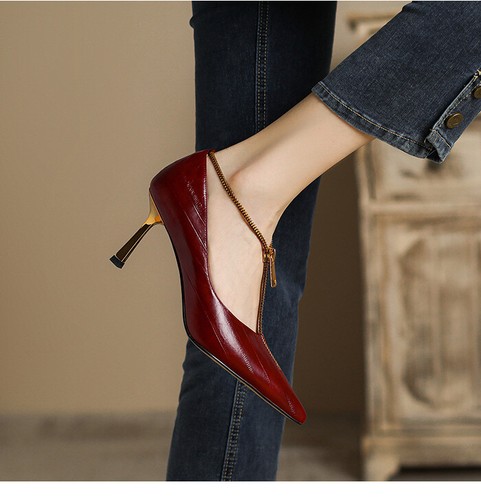 Womens Fashion Court Shallow Shoes Leather Pointy Toe Zipper T-Strap High Heel - Picture 8 of 16