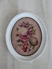 Vintage Needlepoint Fruit Completed  Framed Oval Wool 8"X10" Muted Colors