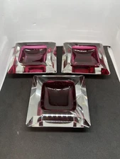 Red/Pink Crystal Glass Ashtray 3 1/4" Squared. Set of 3.