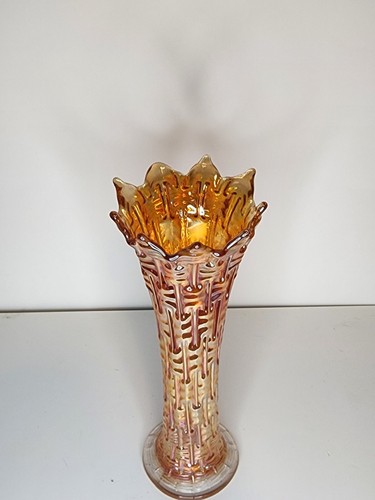 Vintage Dugan Carnival Glass Big Basket Weave Pattern Flared Swung Vase - Picture 2 of 4