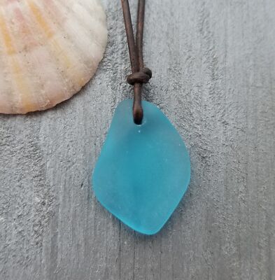 Handmade in Hawaii, leather cord unisex puff blue sea glass necklace,  unisex