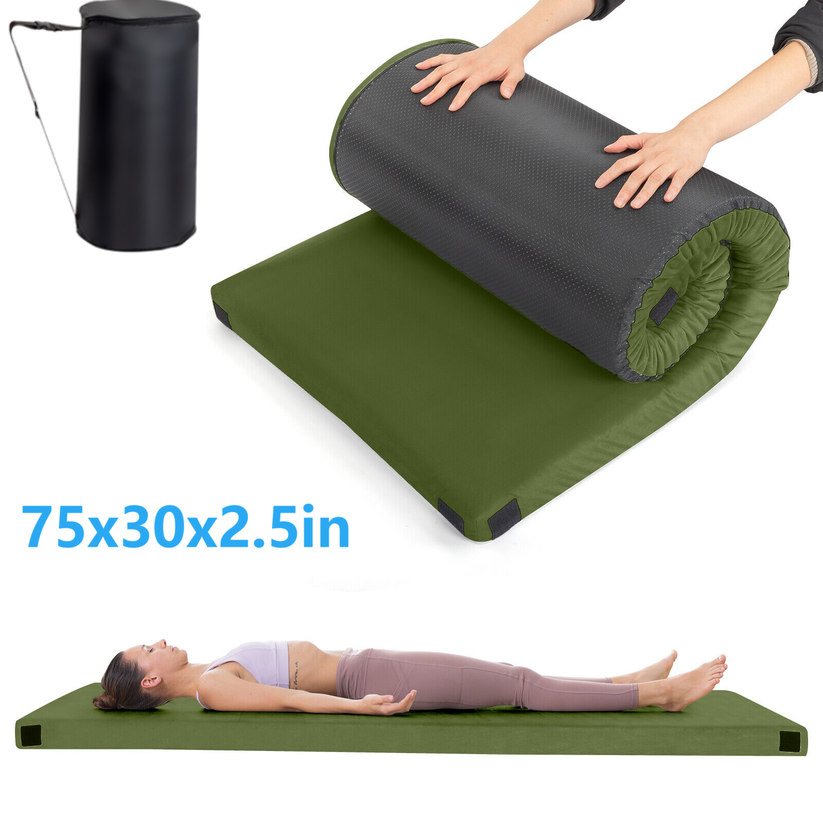 Green Memory Foam Camping Mattress Portable Roll Up Travel Car Mat Pad,75