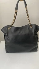 Tory Burch Thea Black Leather Slouchy Chain Tote Shoulder Bag