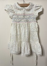 Vintage Smocked Dress Girls 3 Flowers Short Sleeve Cottage Ruffles White Floral