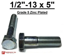 1/2-13 x 5" Hex Bolt Zinc Plated Grade 5 Cap Screw Coarse Partial Thread